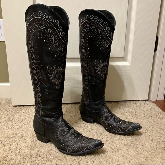 OLD GRINGO Boots STUDDED Embroidery BLACK Anthracite 19" - Sz 8.5 B Very Nice! - Picture 4 of 16